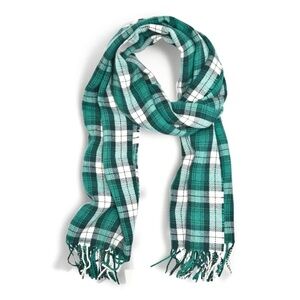 J. Crew Classic Plaid Blanket Scarf w/Fringe Deep Emerald Academic Green 24x78”